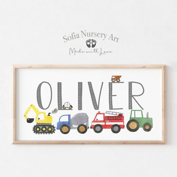 Personalized nursery name sign decor, Construction Vehicles Pano Art, Cars Wall Art, Construction Decor, Firetruck Transportation Nursery