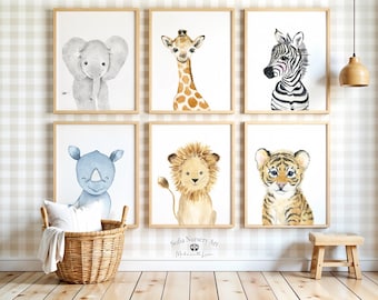 Watercolor Safari Nursery Prints, Jungle Animals Wall Art Set 6