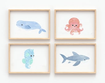 Ocean Animal Nursery Print Set 4, Nautical Nursery wall Art, Ocean Nursery Print Set of 6, Sea Nursery Decor, Sea Animal Prints, Ocean Art