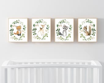 Nursery woodland Print Set 4, Neutral Nursery Art , Nursery Decor, Kids Wall Art, nursery art,squirrel, fox painting, personalized art