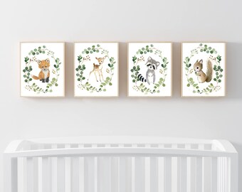 Nursery woodland Print Set 4, Neutral Nursery Art , Nursery Decor, Kids Wall Art, nursery art,squirrel, fox painting, personalized art