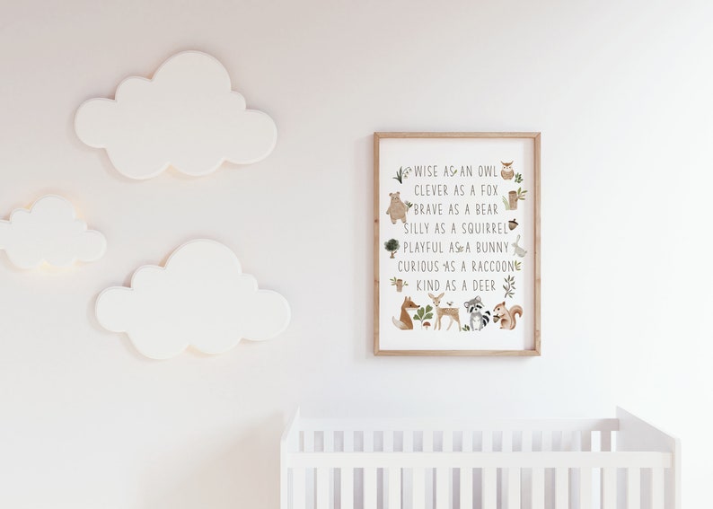 May include: A framed nursery print with a white background and brown wood frame. The print features a circle of woodland animals with text that reads "Wise as an owl, Clever as a fox, Brave as a bear, Silly as a squirrel, Playful as a bunny, Curious as a raccoon, Kind as a deer."