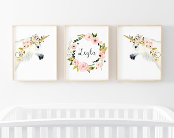 Unicorn nursery, Unicorn painting, watercolor flamingo, floral nursery, unicorn print set, pink nursery, blush pink nursery, baby girl
