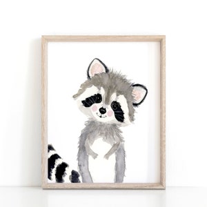 May include: A watercolor painting of a cute raccoon with a black and white striped tail. The raccoon is looking at the viewer with a friendly expression.