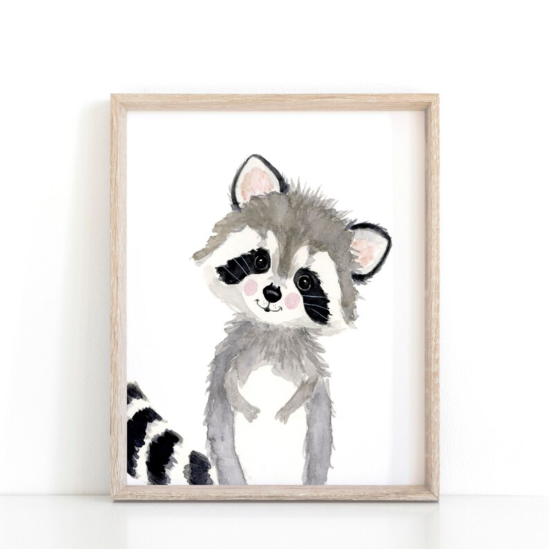 May include: A watercolor painting of a cute raccoon with a black and white striped tail. The raccoon is looking at the viewer with a friendly expression.