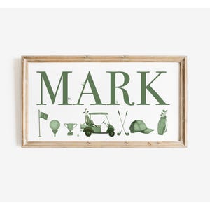 Golf kinderdagverblijf kunst, decor golf kinderdagverblijf, naambordje kinderkamer, decor boven wieg, kinderspots kinderkamer, golf naambord, gepersonaliseerde kinderkamer decor