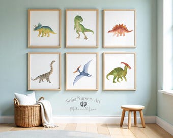 Dinosaur Watercolor Prints, Set of 6, Nursery Wall Art, Kids Room Decor
