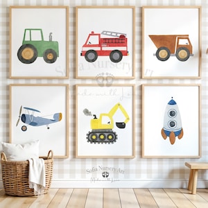 Láminas de transporte, coches y camiones, dormitorio infantil con temática de camiones, habitación infantil para niño con temática de construcción.