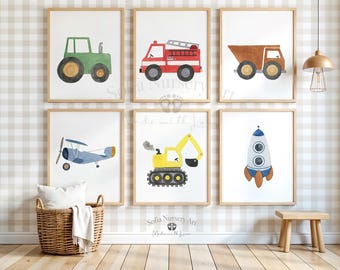 Watercolor Construction Vehicle Nursery Prints, Boy Room Decor