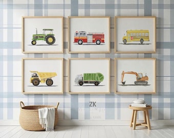 Construction Vehicle Prints, Boy Room Vehicle Decor, Fire Truck Wall Decor