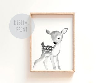 Stampa stampabile dell'asilo nido Woodland, Baby deer, cerbiatto, arte vivaio dei cervi, stampe vivaio, disegno vivaio, pittura animale, stampa vivaio neutro
