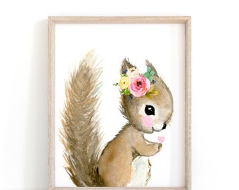 Baby squirrel print, baby girl nursery, flower nursery, cute squirrel, squirrel illustration, baby animal nursery, baby animal paintings