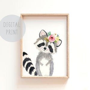 Printable Woodland Nursery Decor, Baby raccoon nursery art, nursery prints, nursery decor,Baby animal painting, neutral nursery prints