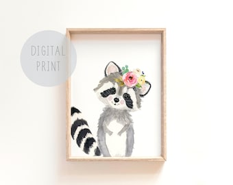 Printable Woodland Nursery Decor, Baby raccoon nursery art, nursery prints, nursery decor,Baby animal painting, neutral nursery prints
