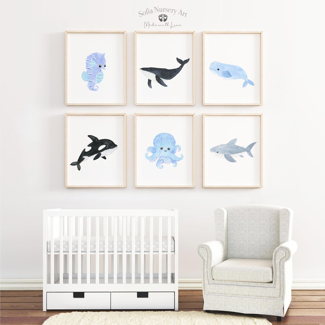 Ocean Animal Nursery Prints, Nautical Nursery Wall Art, Ocean Nursery