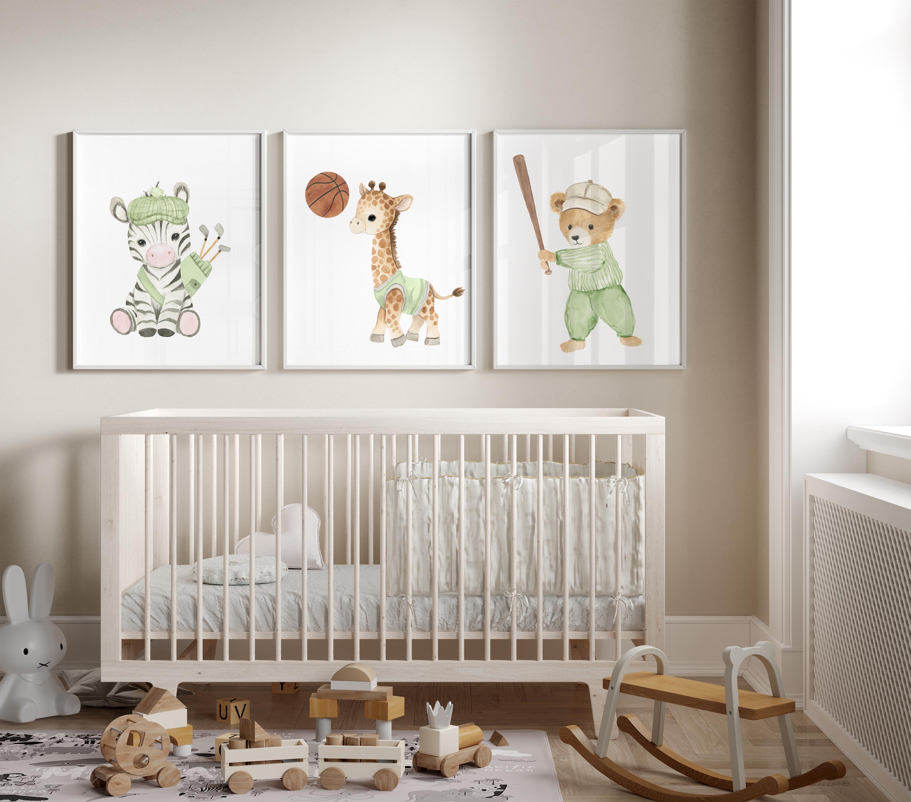Sports nursery sage green, Baby Animals Sport, Baby boy sports nursery, Safari nursery decor, baseball, football, golf, nursery gift