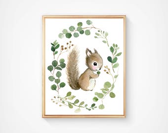 Baby squirrel, woodland nursery, nursery print, squirrel painting, squirrel illustration, nursery room design, animal painting, watercolor