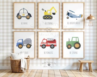 Aquarel kinderkamerafdrukken bouwvoertuig, jongenskamerdecoratie