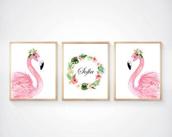 Flomingo nursery, Flomingo painting, watercolor flomingo, floral flamingo, flomingo print set, pink nursery, coral nursery, baby girl