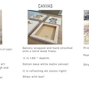 May include: Three options for printing a personalized art print: paper, canvas, and poster. The paper option is printed on high quality archival textured pro art paper. The canvas option is gallery wrapped and hand stretched onto a solid wood frame. The poster option is printed on the same canvas material and includes poster hangers. All three options feature a colorful illustration of a whale, a dolphin, and a sea turtle with the name "Blake" printed above the animals.