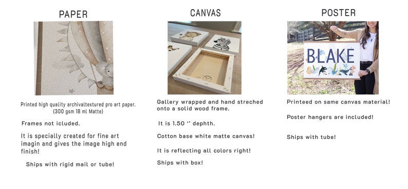 May include: Three options for printing a personalized art print: paper, canvas, and poster. The paper option is printed on high quality archival textured pro art paper. The canvas option is gallery wrapped and hand stretched onto a solid wood frame. The poster option is printed on the same canvas material and includes poster hangers. All three options feature a colorful illustration of a whale, a dolphin, and a sea turtle with the name "Blake" printed above the animals.