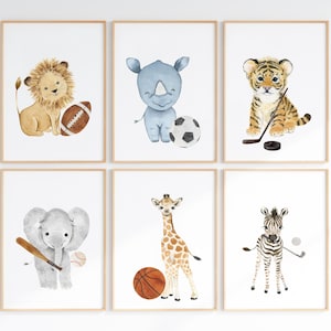 Sports Animal Nursery, Baby Animal Sport Nursery, Watercolor Baby Sports, Baby Boy Sport Nursery, Animal Sports Pictures, Boy Bedroom Decor
