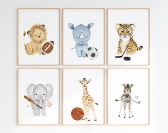 Sports Animal Nursery, Baby Animal Sport Nursery, Watercolor Baby Sports, Baby Boy Sport Nursery, Animal Sports Pictures, Boy Bedroom Decor