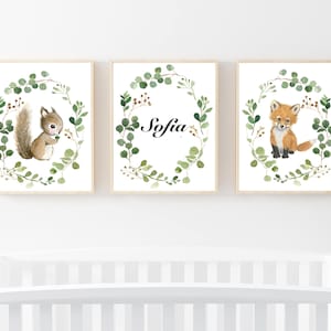 Nursery woodland Print Set 3, Neutral Nursery Art , Nursery Decor, Kids Wall Art, nursery art,squirrel, fox painting, personalized art