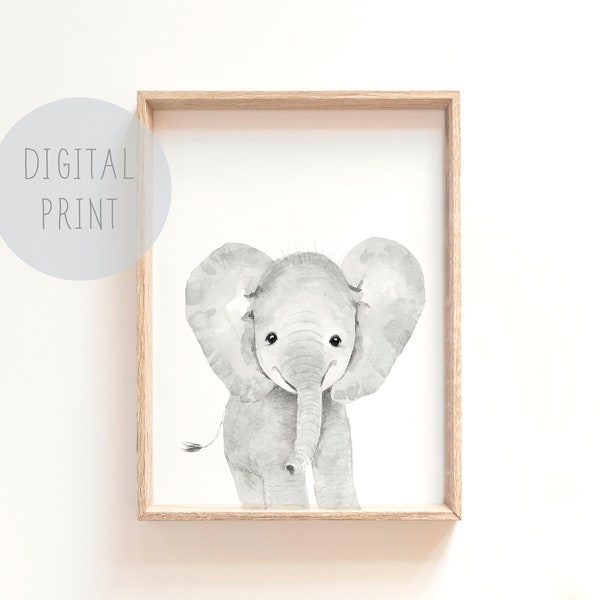 Impresión de vivero de elefantes, vivero Safari imprime vivero neutral de género lindos animales de bebé, elefante ilustración elefante bebé animal vivero