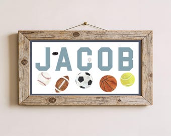 Personalized Sports Name Sign, Sports Kids' Room Decor, Boy Nursery Art
