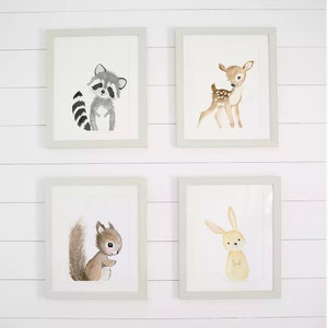 May include: Four framed watercolor illustrations of woodland animals. The top left frame shows a raccoon, the top right frame shows a deer, the bottom left frame shows a squirrel, and the bottom right frame shows a rabbit.