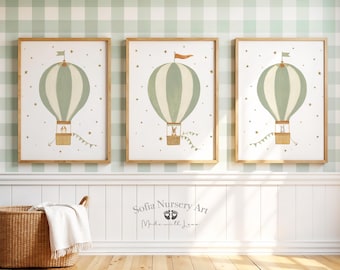 Green Hot Air Balloon Nursery, Hand-Painted Watercolor Bunny Room Decor