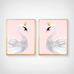 Aquarel zwaan, kinderkamer print set van 2 - kinderkamer kunst - kinderkamer decor - kunst - Woodlands kinderdagverblijf inrichting, kinderposter, blush roze en grijs