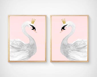 Watercolor swan, Nursery  Print set of 2 -  Nursery Art  - Nursery Decor - Art - Woodlands nursery decor, kids poster, blush pink and gray