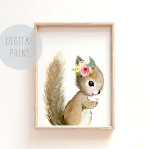 Printable Woodland Nursery Prints, Baby squirrel print, nursery art, animal nursery prints, animal painting, neutral nursery decor