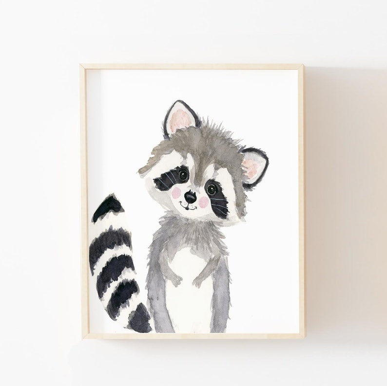 May include: A watercolor painting of a cute raccoon with a black and white striped tail. The raccoon is standing on a white background and has a friendly expression on its face.