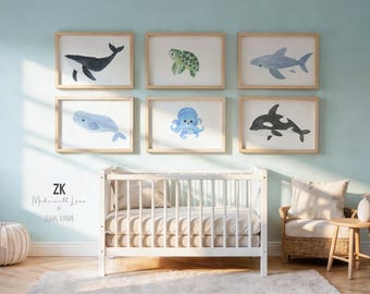 Watercolor Ocean Animal Prints, Nautical Nursery Art, Set of 6