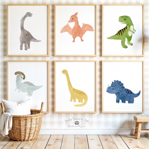 Láminas infantiles de dinosaurios en acuarela, decoración para habitaciones de niños