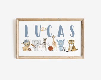 Nursery Name Sign, Sports Personalized Kids Decor, Name Sign For Toddler, Panoramic Wall Art, Nursery Gift, Sports Animals