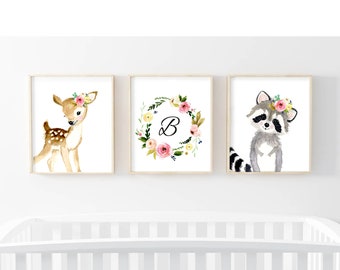 Nursery woodland Print Set  of 3 Baby animal nursey set, Nursery Decor, Kids Wall Art, nursery art, fox, deer, raccoon, flower nursery, girl
