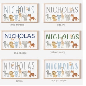 May include: A set of six printable nursery art prints featuring the name "NICHOLAS" in various fonts and colors. Each print includes a line of animals, including a zebra, lion, rhino, giraffe, elephant, and tiger, against a white background.