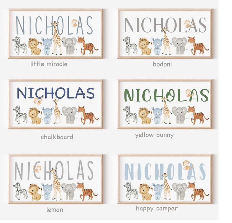 May include: A set of six printable nursery art prints featuring the name "NICHOLAS" in various fonts and colors. Each print includes a line of animals, including a zebra, lion, rhino, giraffe, elephant, and tiger, against a white background.