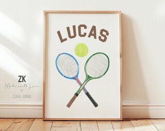 Watercolor Tennis Rackets Sport Print, Personalized Sport Nursery Decor, Boy Room Decor