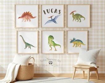 Dinosaurus aquarelprints, set van 6, kunst aan de muur kinderkamer, decoratie kinderkamer