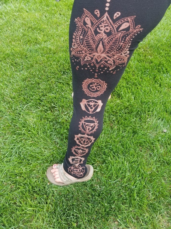 Chakra Lotus Leggings Women's, Bleached, Custom, Handmade, Yoga 