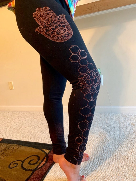 Hamsa Honeycomb Lotus Leggings Women, Bleached, Custom, Flower of Life,  Handmade 