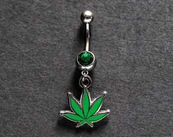 Pot Leaf Belly Button Piercing with Green Dangle - Fun Cannabis Accessory Gift