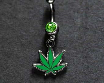 Pot Leaf Belly Button/Navel Piercing with 0.75" Emerald Green Charm/Gem - Titanium G23 Bar - Cannabis Weed Accessory Dancer Performer