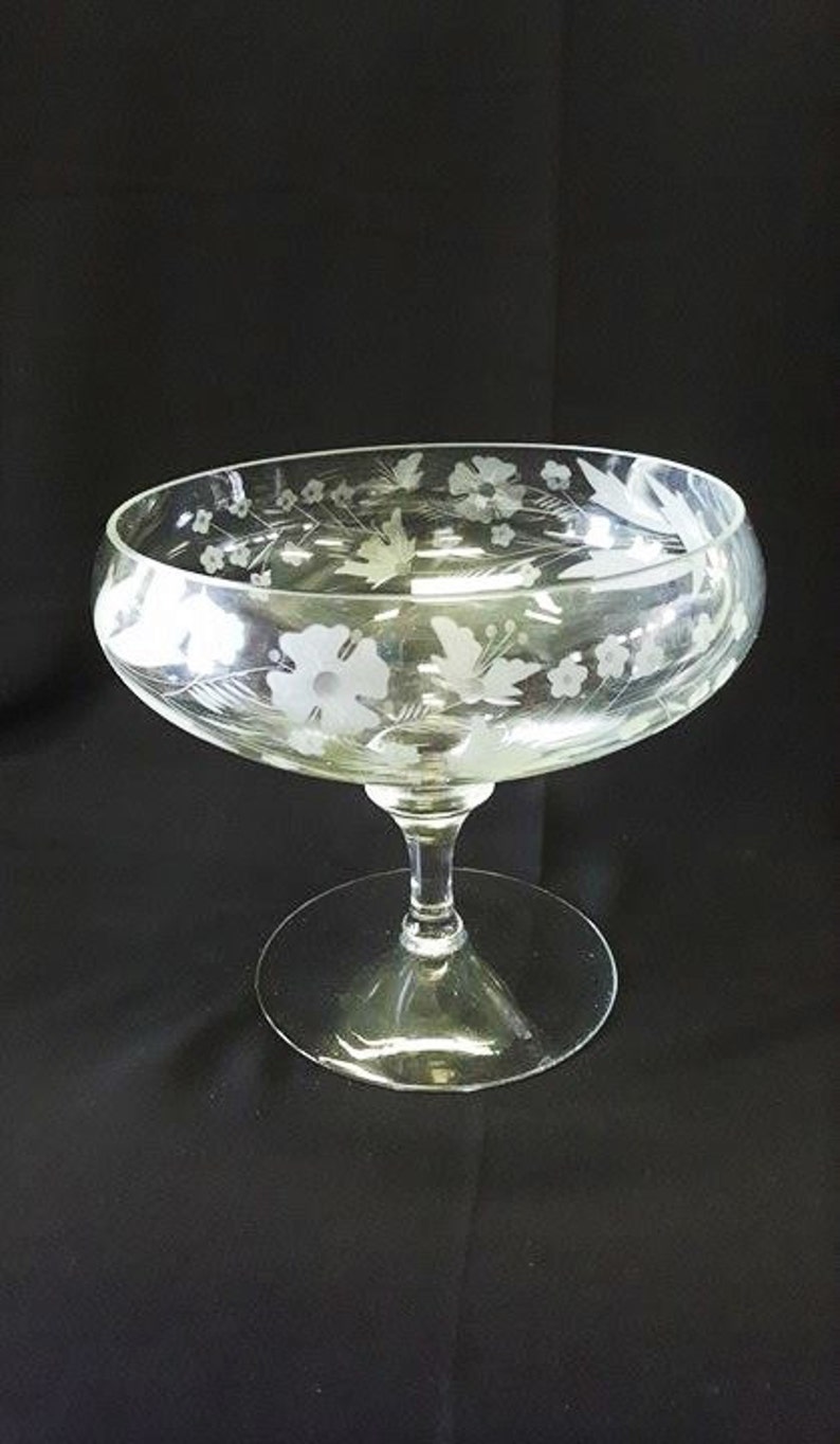 Vintage Large Etched Glass Compote Deep Etching Floral Etsy
