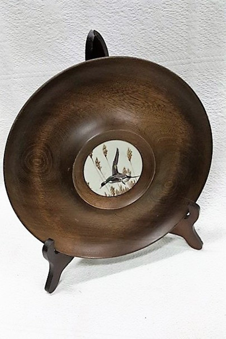 Vintage Woodbury Woodware Beautiful Vintage Wood Serving Bowl Collectible Inc Hand Turned Bowl With Pheasant Duck Flying On Center Tile